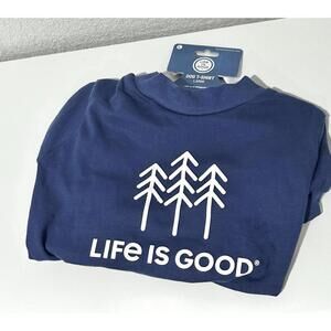 Life is Good Dog Tee T-Shirt Dark Blue with White Trees Size Large